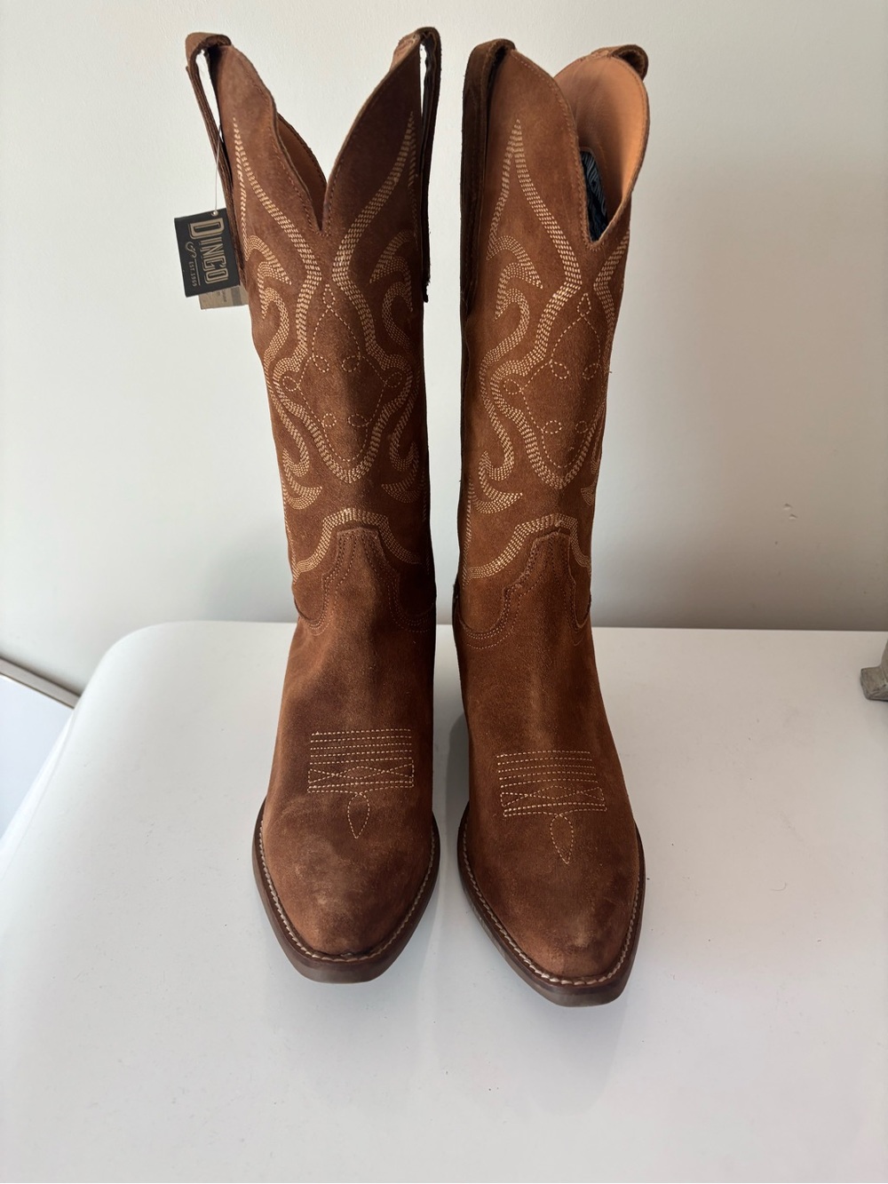dingo Brown Suede Western Booties with Embroidered Detail - Picture 2 of 6